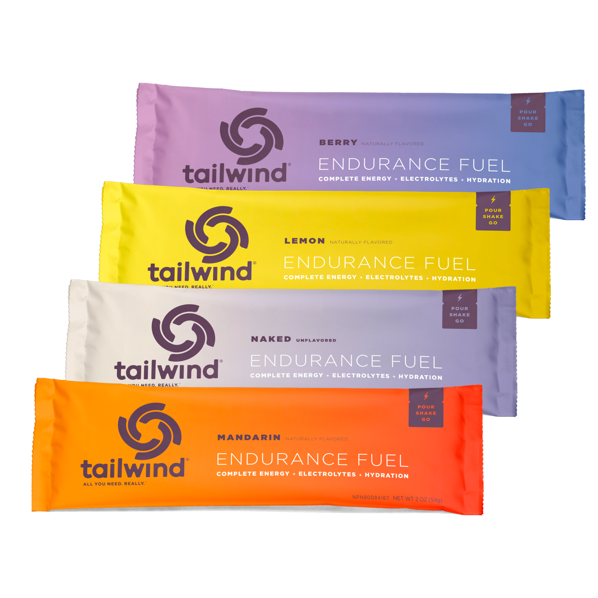 Quatro sticks de suplemento Tailwind Endurance Fuel em várias cores com texto de sabores.