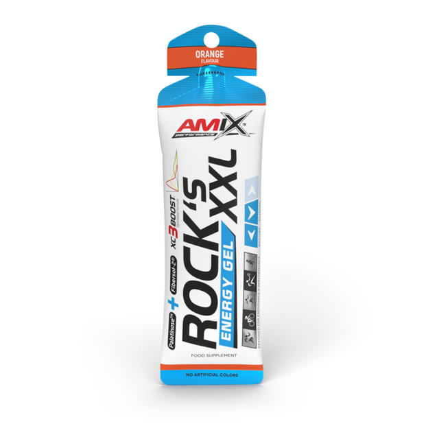 Gel energético Amix ROCKS XXL sabor laranja com embalagem branca e azul e tampa azul