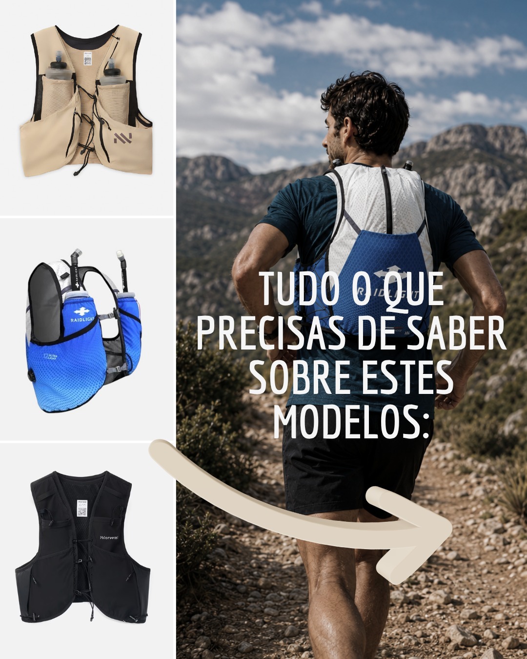 Coletes de corrida para hidratação em bege, azul/preto e preto, homem a correr com colete azul numa trilha montanhosa.