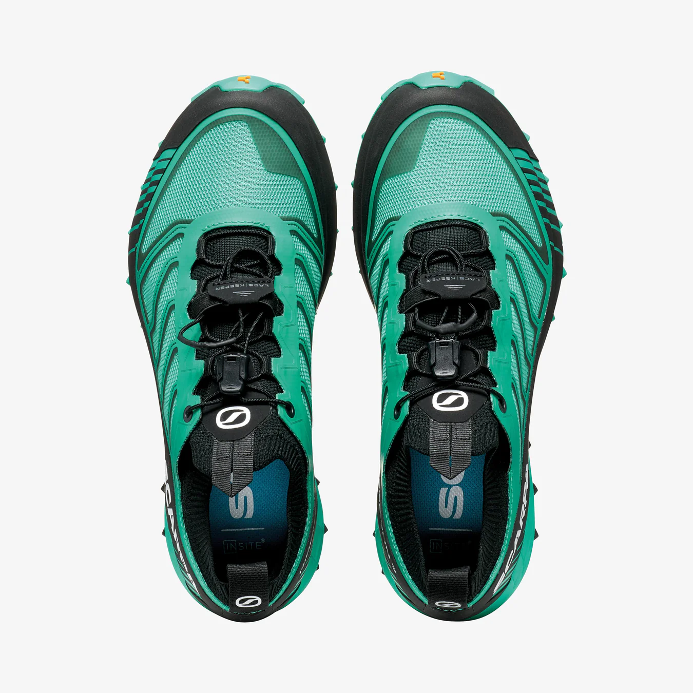 Par de sapatilhas de corrida ou trail verde turquesa e preto vistas de cima