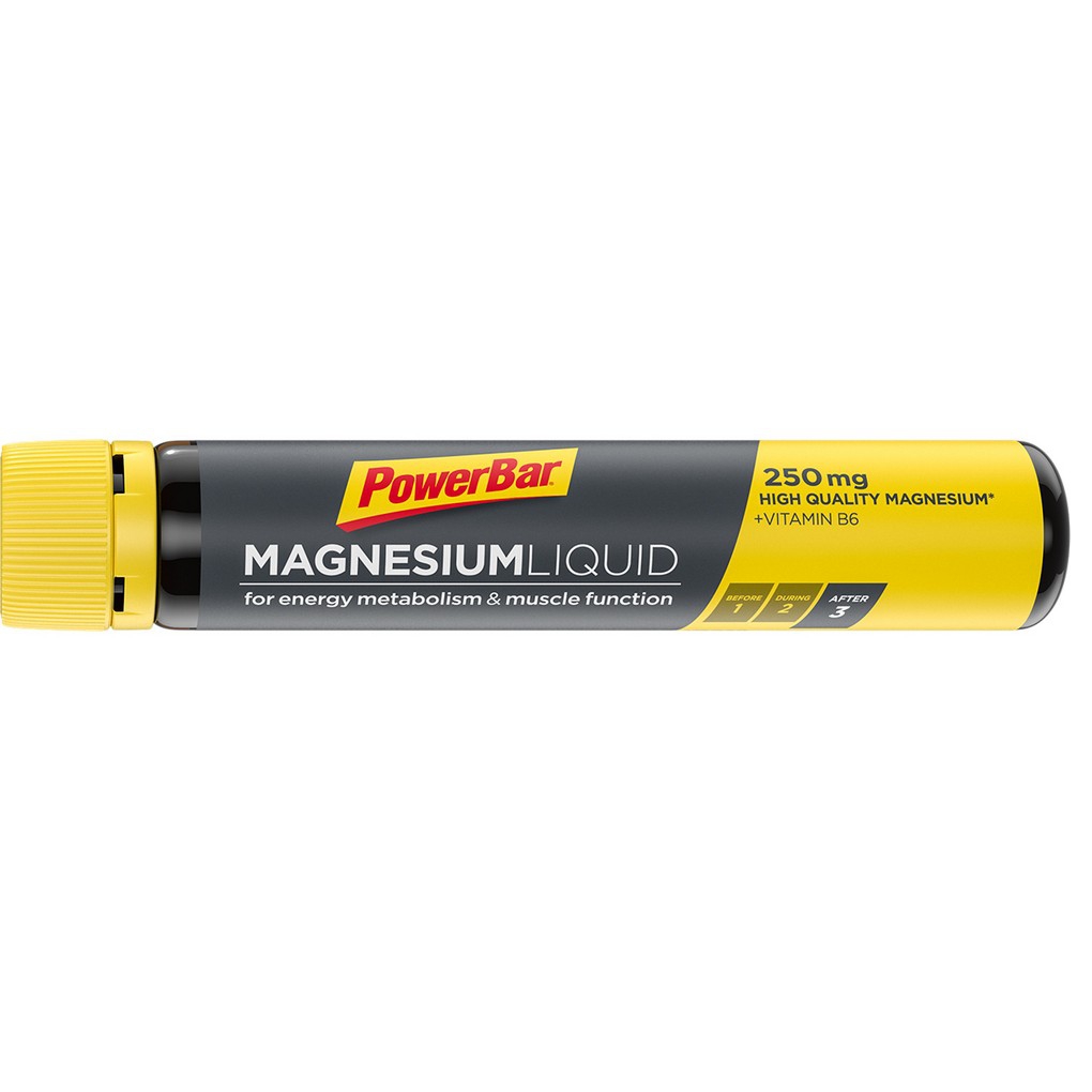 Frasco cilíndrico preto e amarelo do suplemento PowerBar Magnesium Liquid.