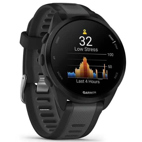 Relógio inteligente Garmin preto com mostrador digital a cores e bracelete de silicone.