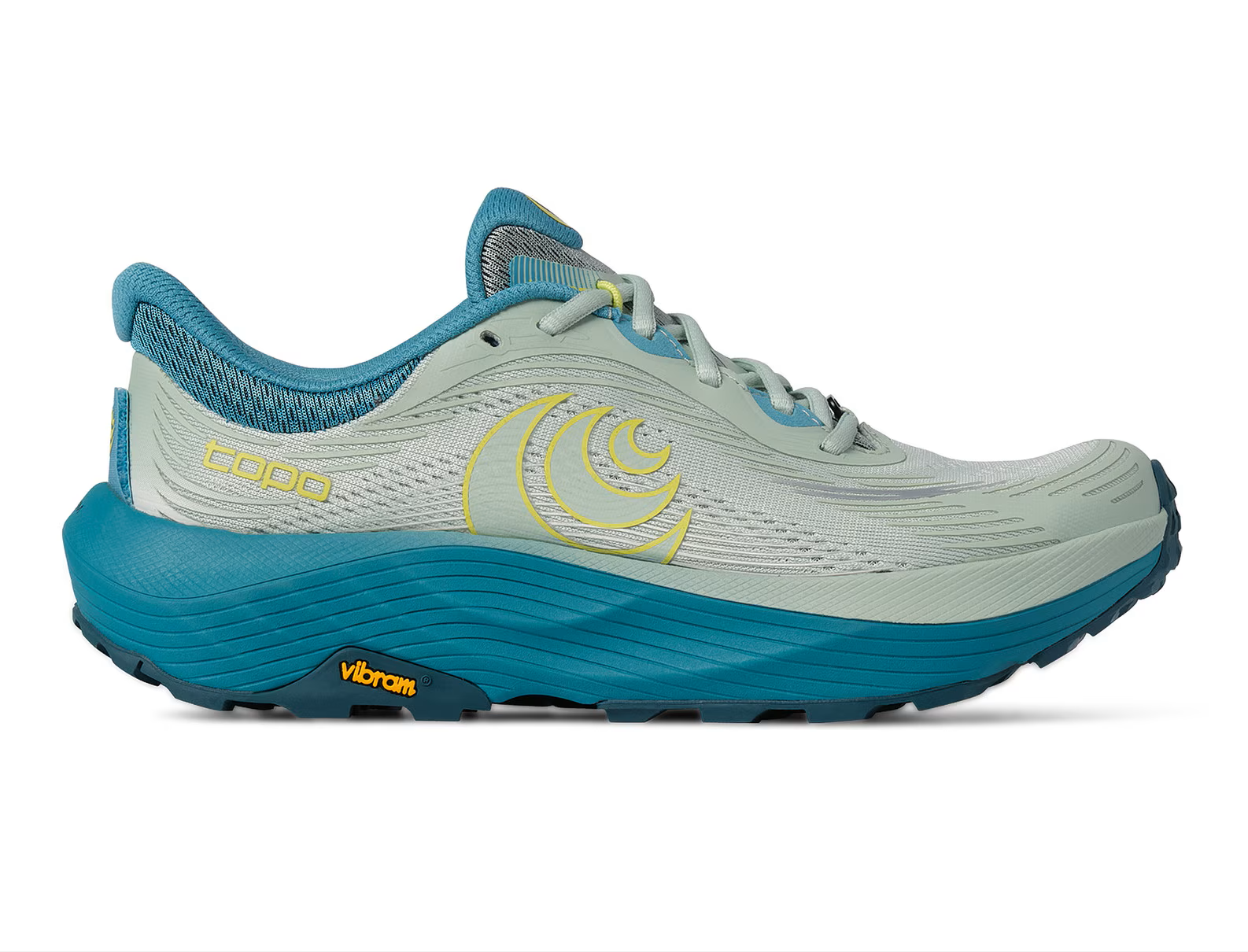 Tênis desportivo topo cinzento e azul com sola azul escuro e logótipos amarelos