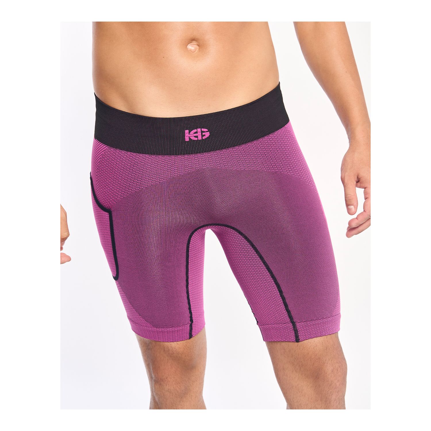 Calções de compressão masculinos roxos com cós preto e logo HG rosa