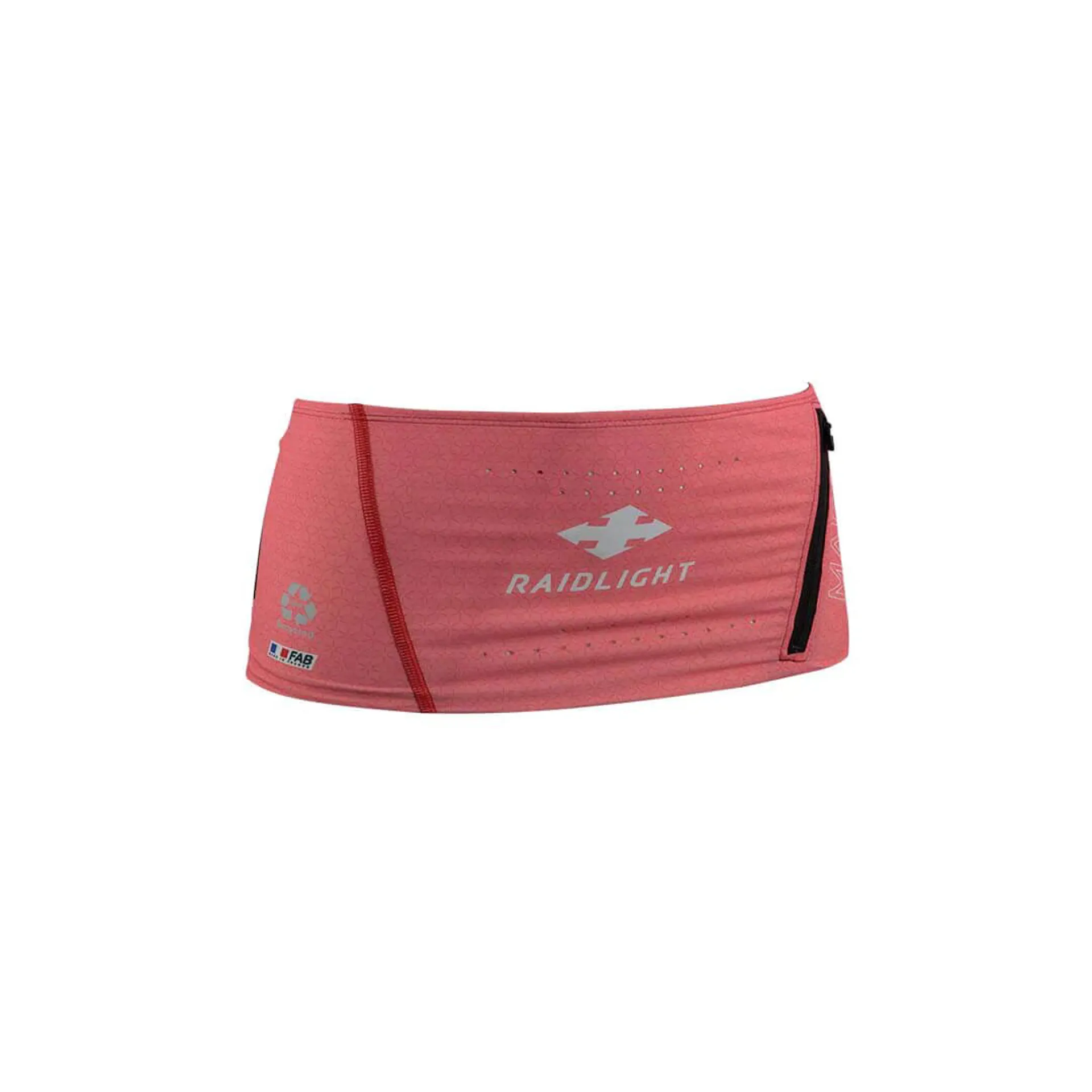 Cinto desportivo vermelho com logo RAIDLIGHT e bolso lateral com fecho preto