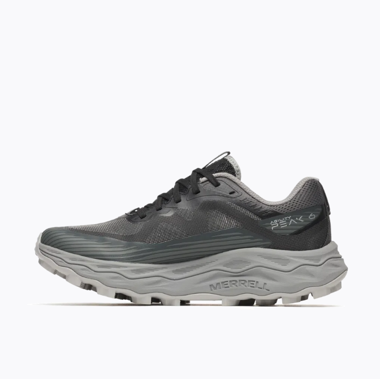 Ténis de corrida Merrell Agility Peak 6 cinza e preto com sola espessa cinzenta