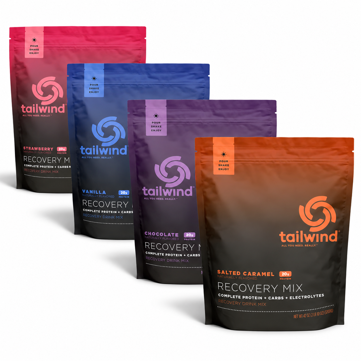 Quatro sacos coloridos de mistura para bebida de recuperação tailwind em diferentes sabores