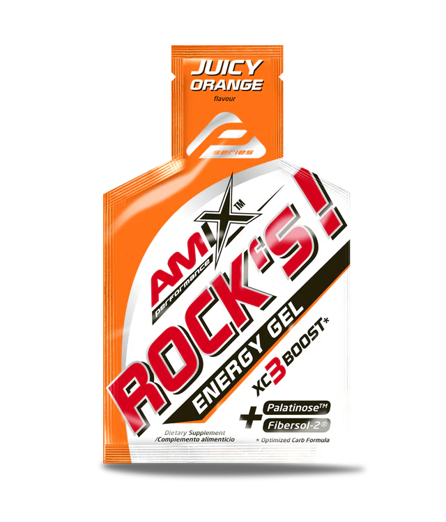 Pacote de gel energético sabor laranja da marca AMIX ROCKS!