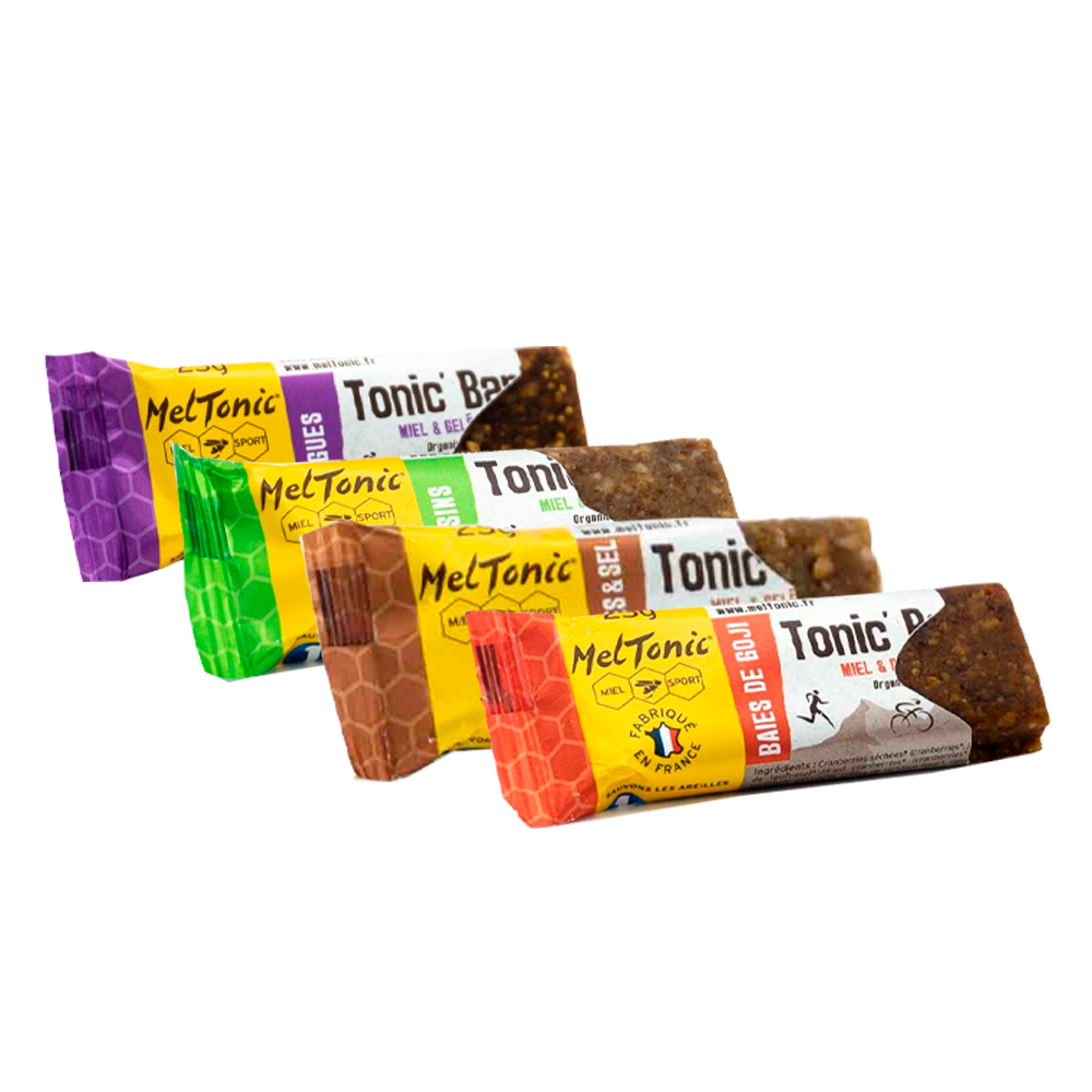 Barritas MelTonic em embalagens coloridas com padrão de favo de mel