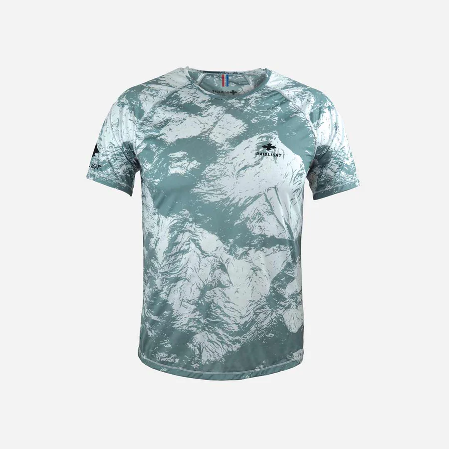 T-shirt masculina com padrão verde e branco e logótipo RAIDLIGHT