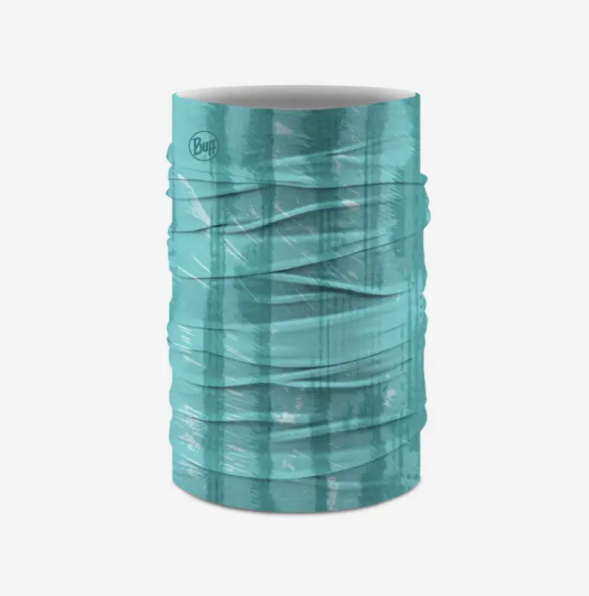 Cachecol tubular azul com padrão de bandas verticais e logótipo Buff