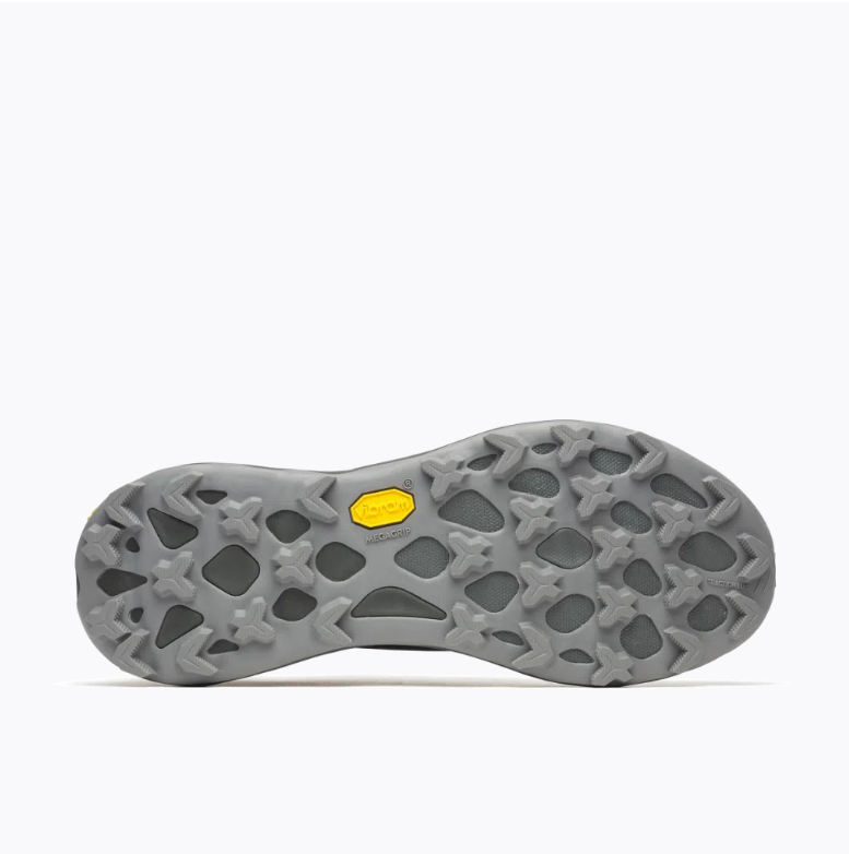 Sola cinza de sapatilha com padrão de tração e detalhe amarelo Vibram MEGAGRIP