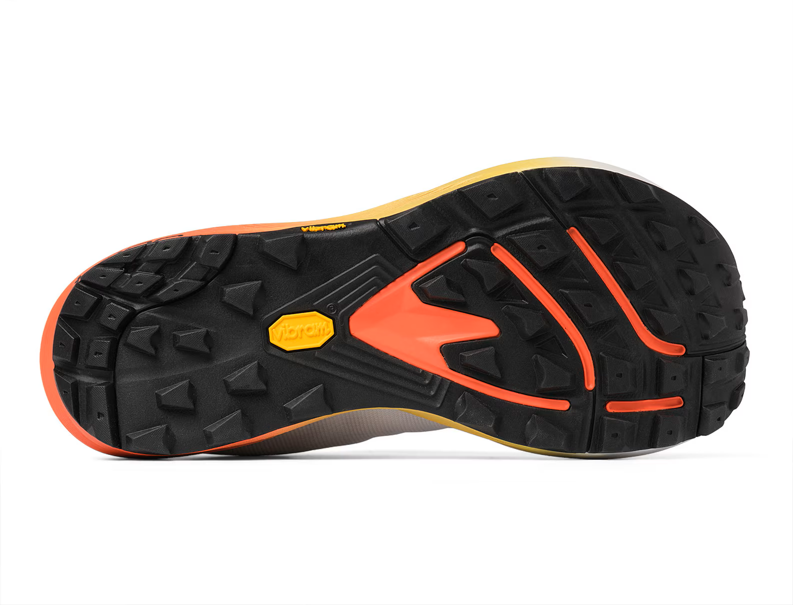 Sola de sapato preta com detalhes em laranja e amarelo e logo Vibram