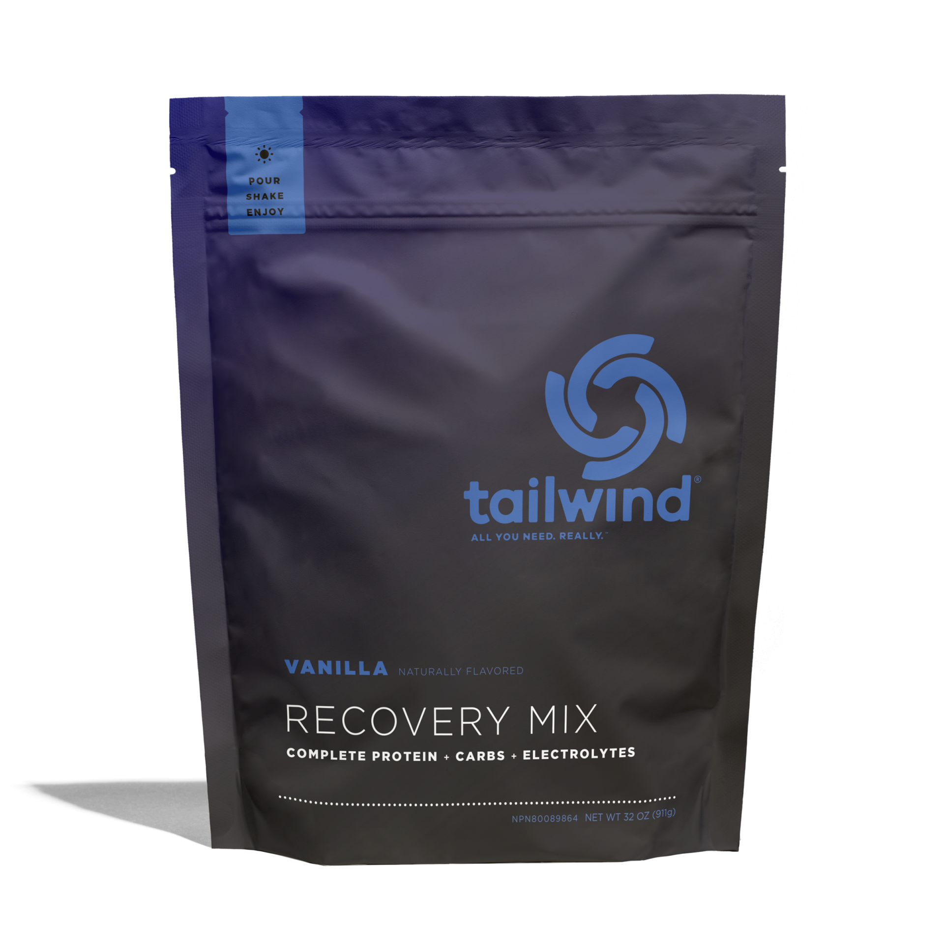 Pacote preto de mistura de recuperação Vanilla Recovery Mix da Tailwind com texto azul e branco
