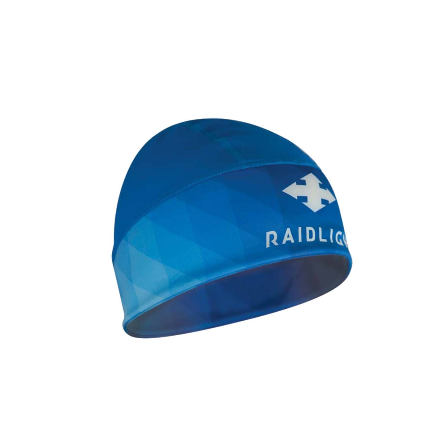Gorro desportivo azul com padrão geométrico e texto RAIDLIGHT