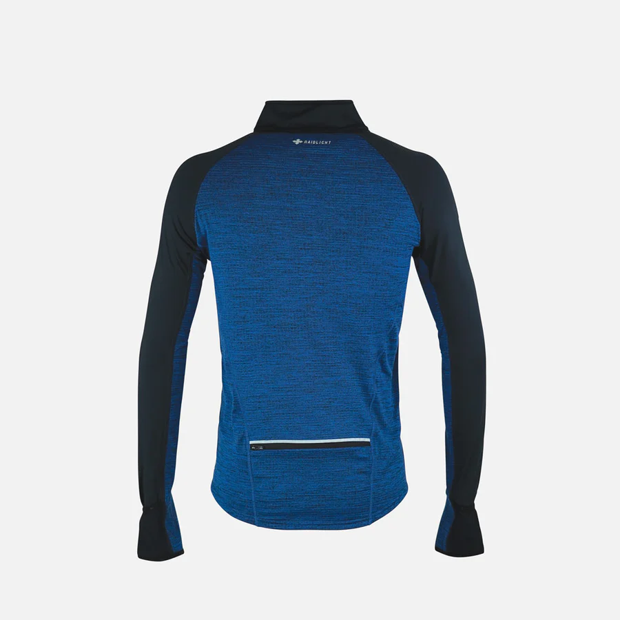 Camisola desportiva azul e preta de costas com bolso com fecho
