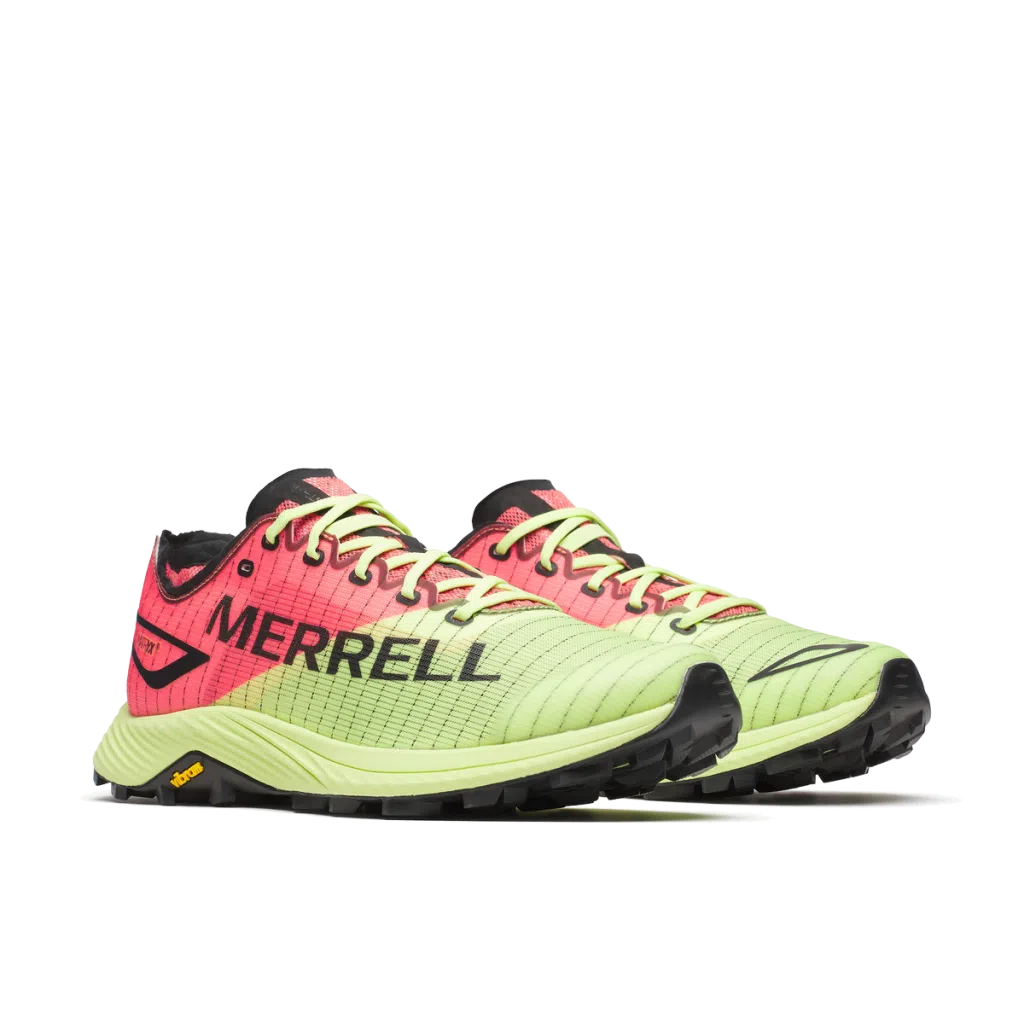 Sapatilhas Merrell para corrida, verde limão e coral, sola preta Vibram