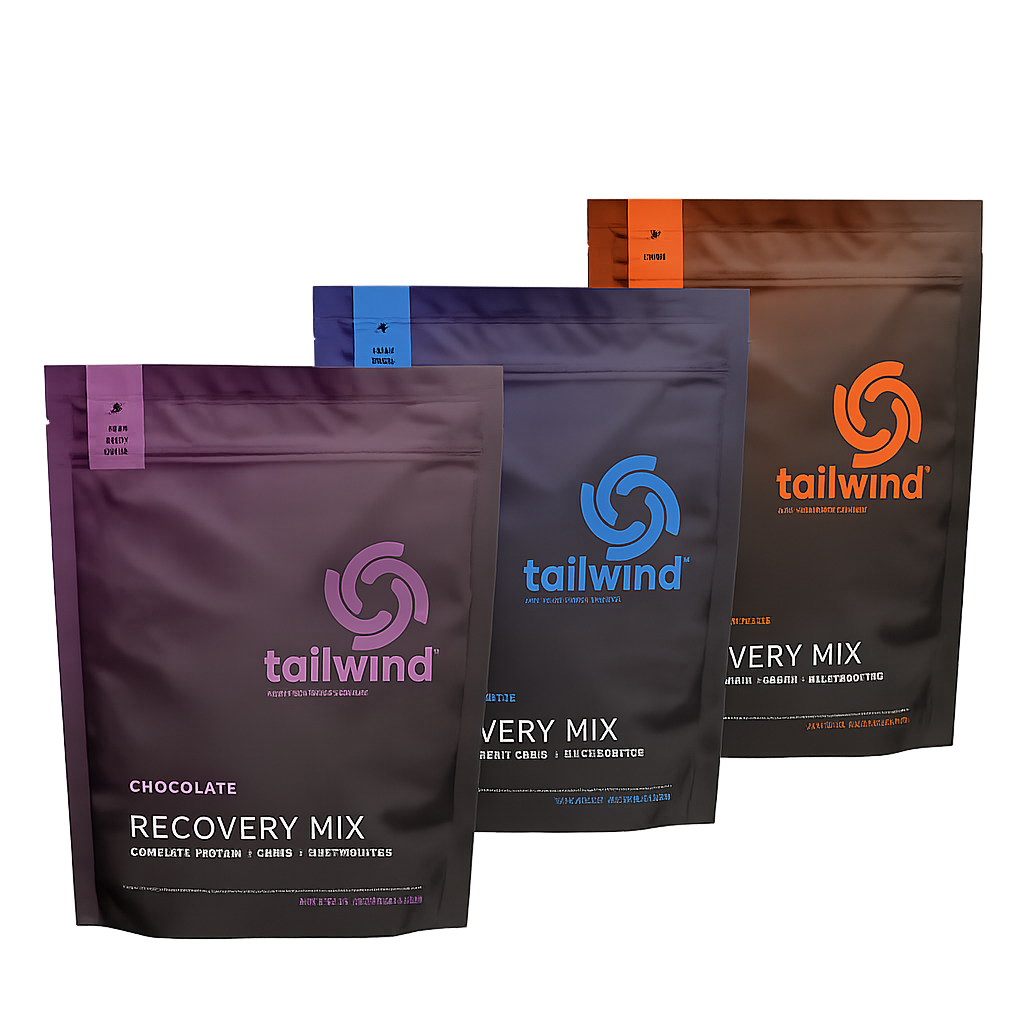 Três pacotes Tailwind Recovery Mix com cores roxa, azul e laranja