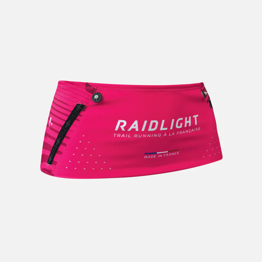 Cinta desportiva rosa RAIDLIGHT com texto branco e fecho preto