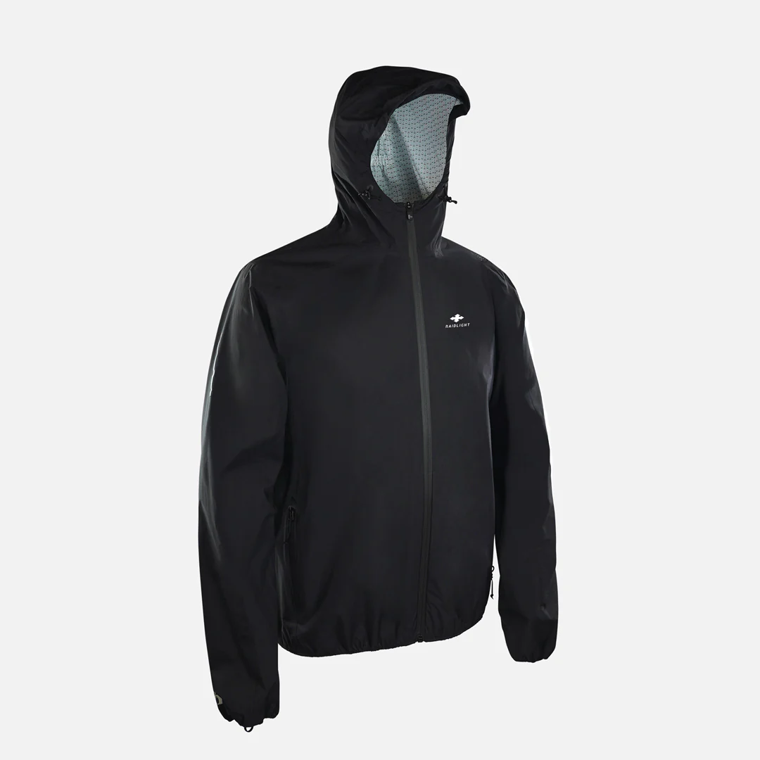 Casaco impermeável preto com capuz e fecho zip frontal