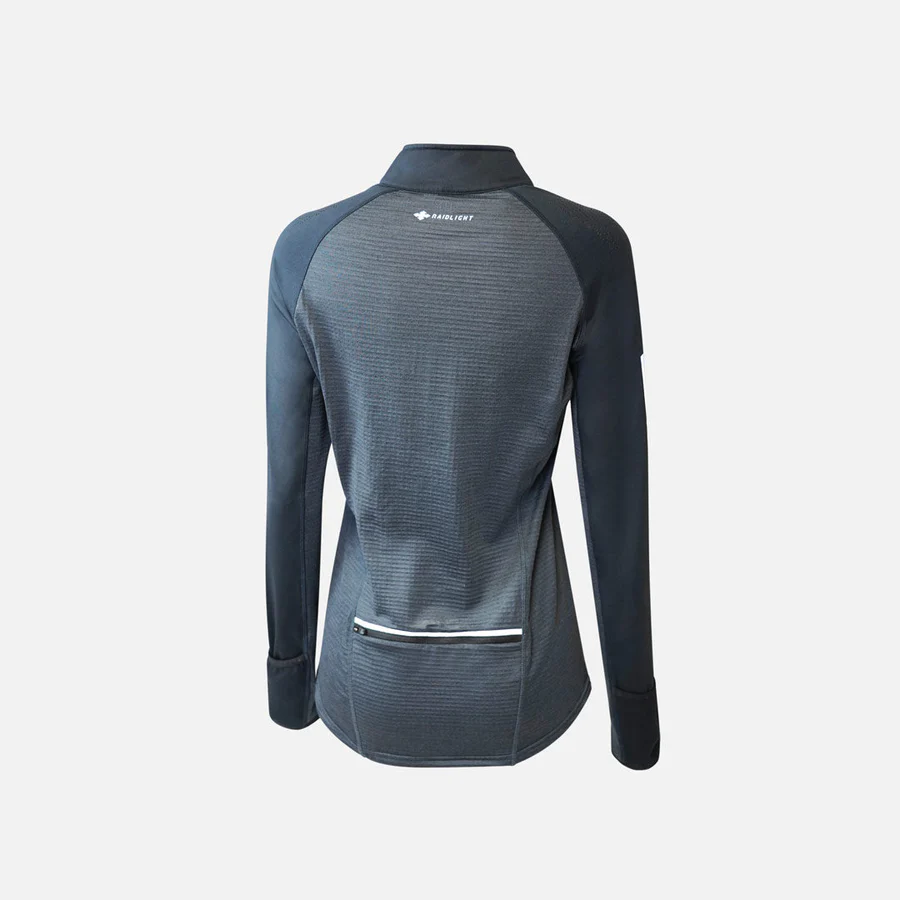 Camisola esportiva feminina cinzenta e preta vista de costas