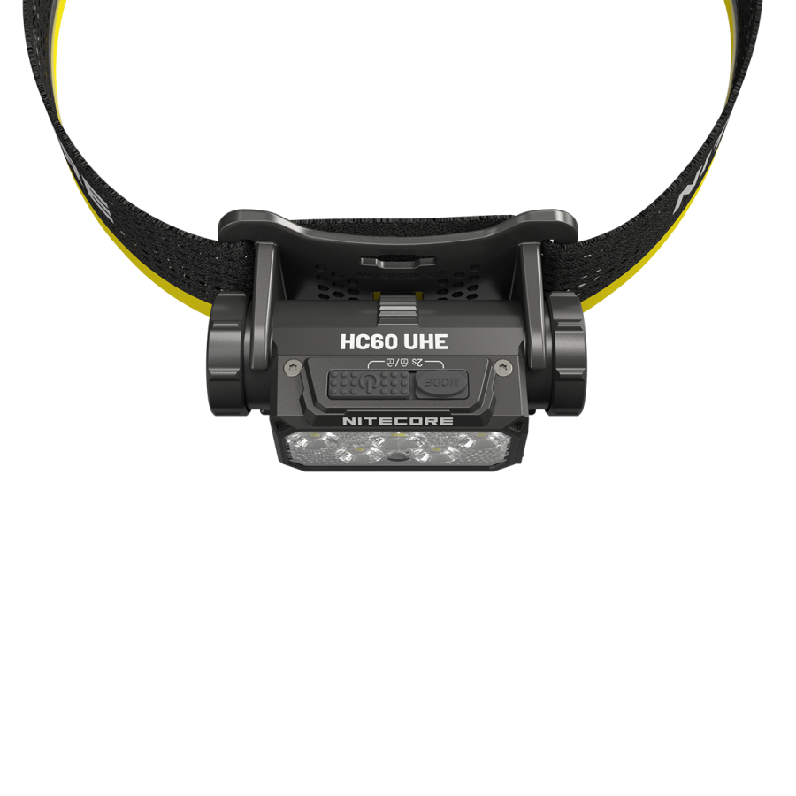 Lanterna de cabeça preta NITECORE HC60 UHE com LEDs e fita ajustável preto e amarelo