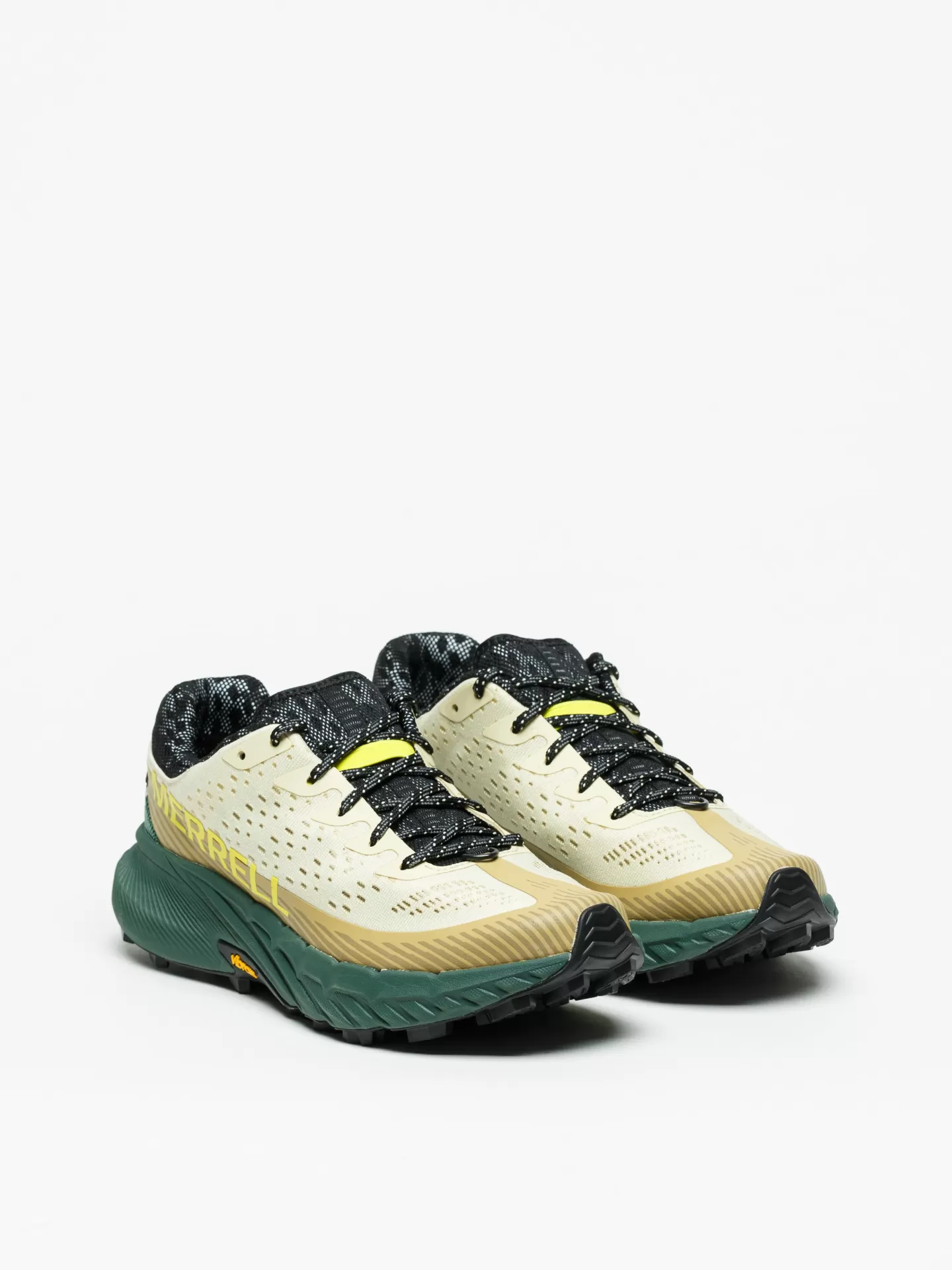 Sapatilhas de corrida Merrell bege, verde e preto com sola verde