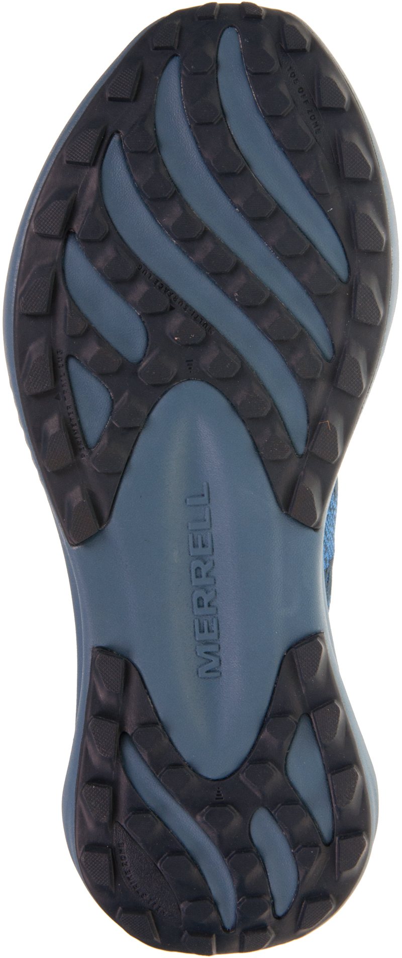 Sola de sapato desportivo azul e preta com padrão antiderrapante