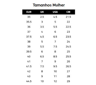 Tabela de tamanhos para mulher com medidas EUR, UK, USA e CM