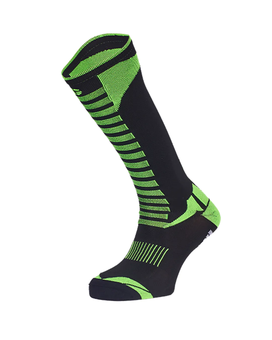 Meia desportiva preta e verde fluorescente com padrão listrado