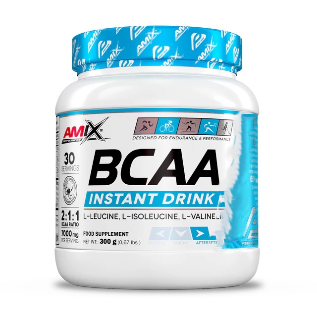 Embalagem branca com tampa azul de suplemento BCAA Instant Drink da AMIX