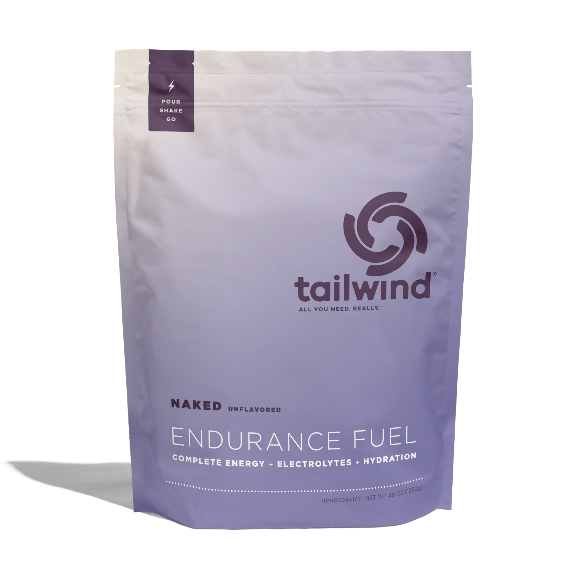 Embalagem de produto Tailwind Endurance Fuel roxa clara com texto e logótipo roxo escuro