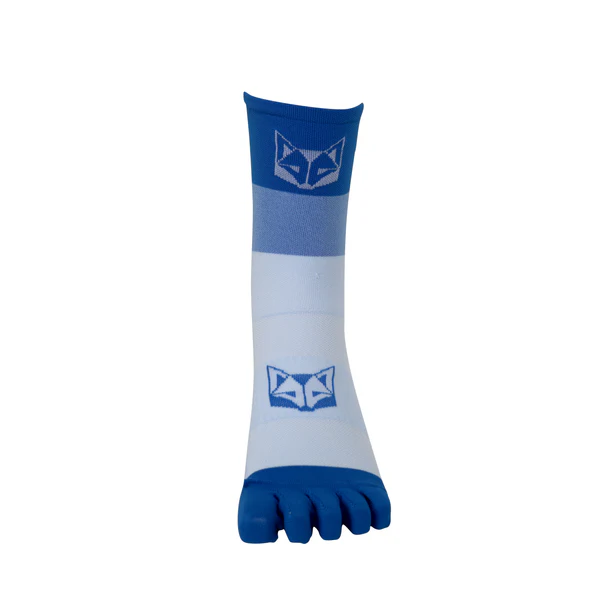 Meia comprida branca e azul com rosto de raposa e separação para os dedos