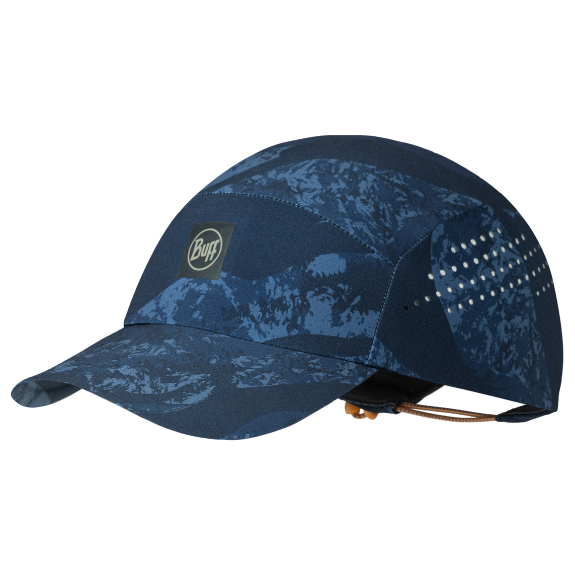 Boné Buff azul com padrão camuflado e visor curvado, abas laterais perfuradas