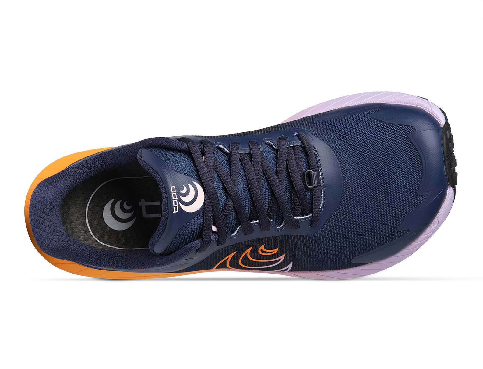 Ténis desportivo azul-escuro com detalhes rosa claro e laranja, atacadores pretos e logo topo branco
