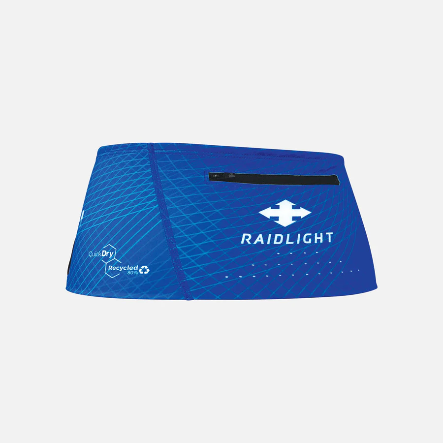 Cinto desportivo azul com logótipo RAIDLIGHT e detalhes em preto