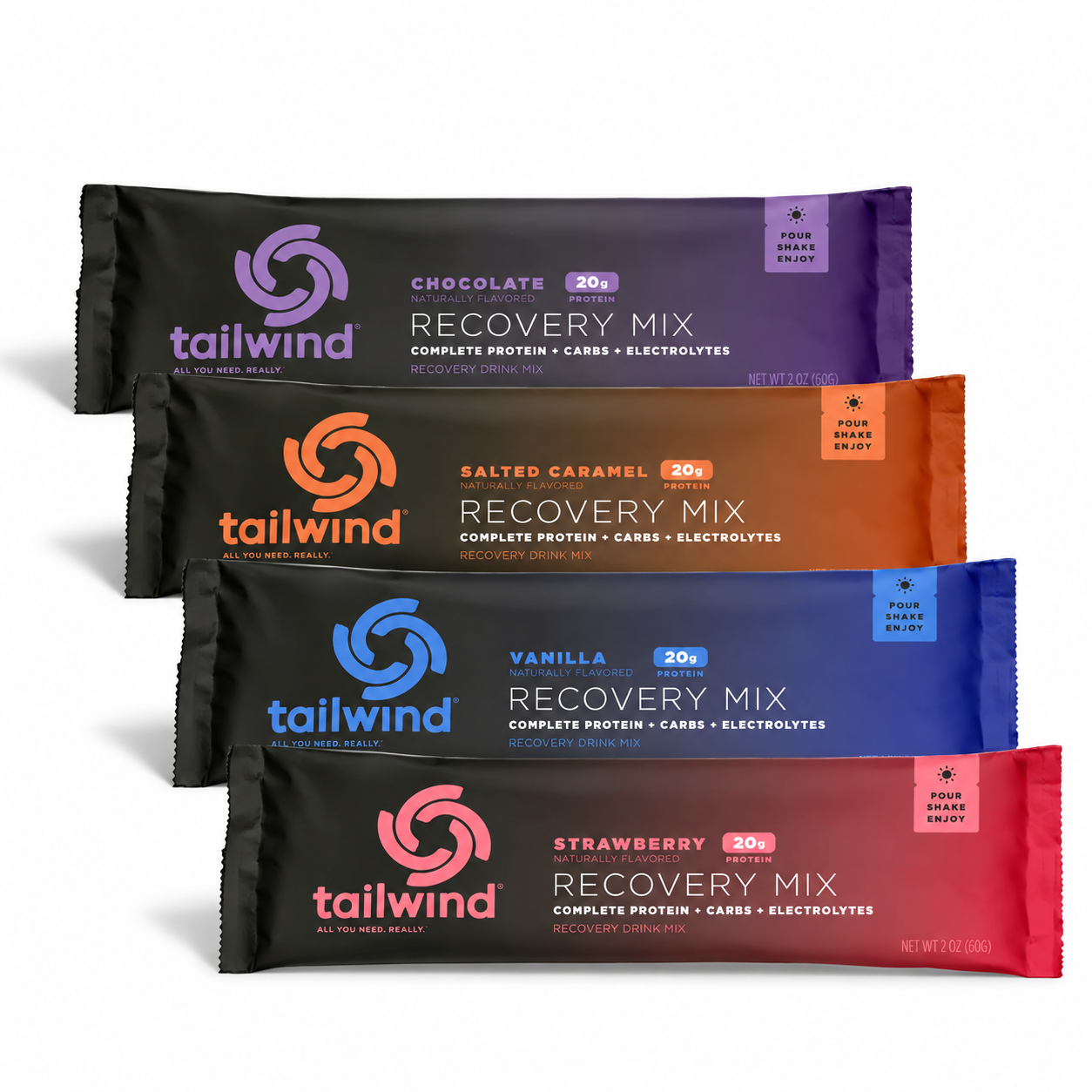Pacotes de Tailwind Recovery Mix em sabores diferentes: Chocolate, Salted Caramel, Vanilla e Strawberry.
