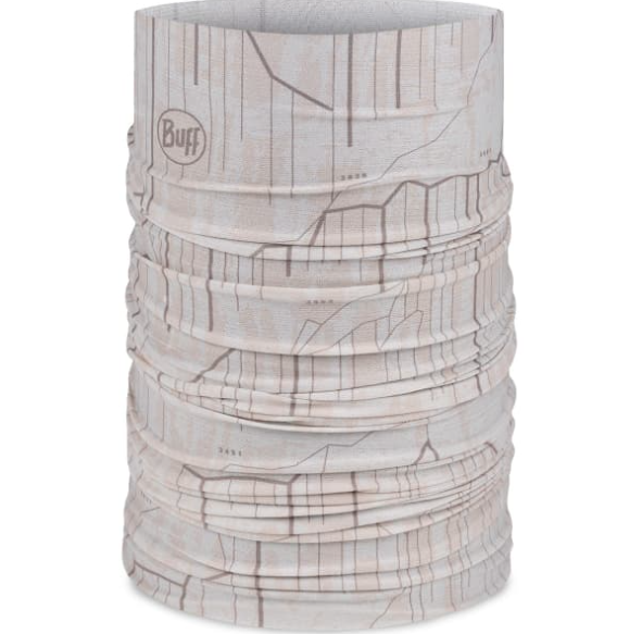 Cachecol tubular cinzento claro com padrões castanhos e logótipo Buff