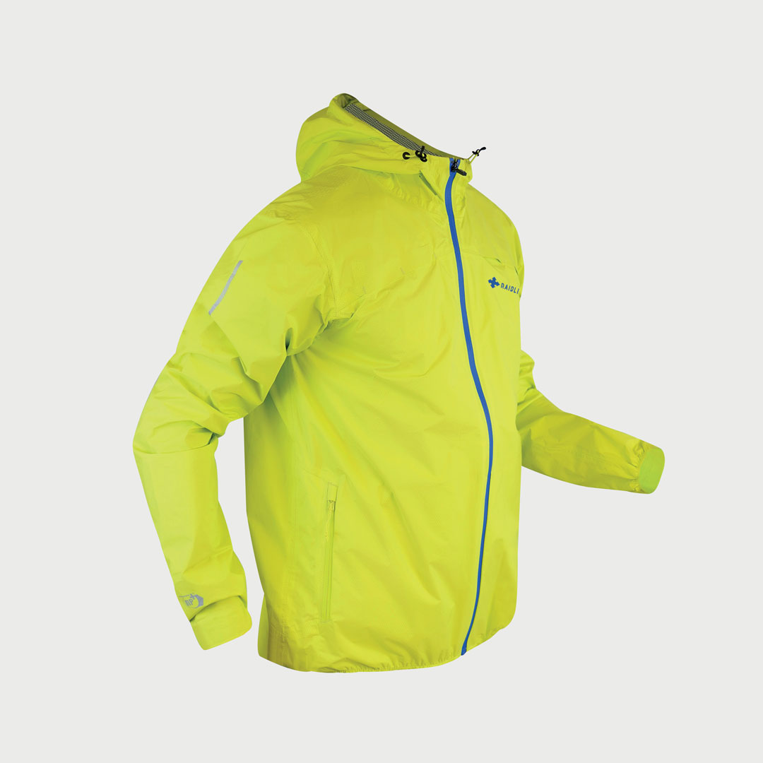 Casaco impermeável amarelo fluorescente com capuz e fecho azul