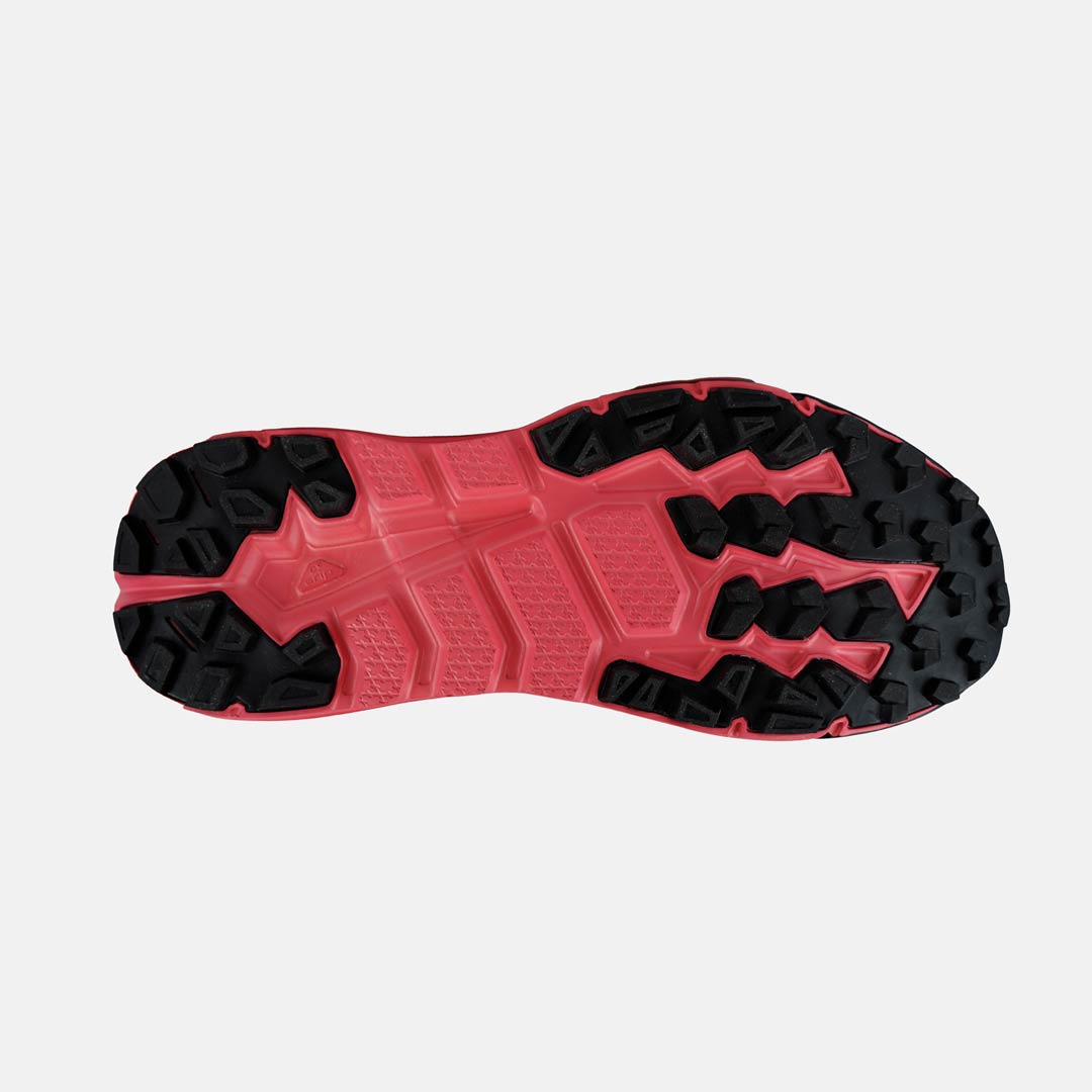 Sola de sapato de corrida rosa e preta, vista por baixo