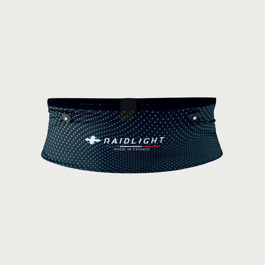 Cinto desportivo preto com padrão de pontos e logo RAIDLIGHT