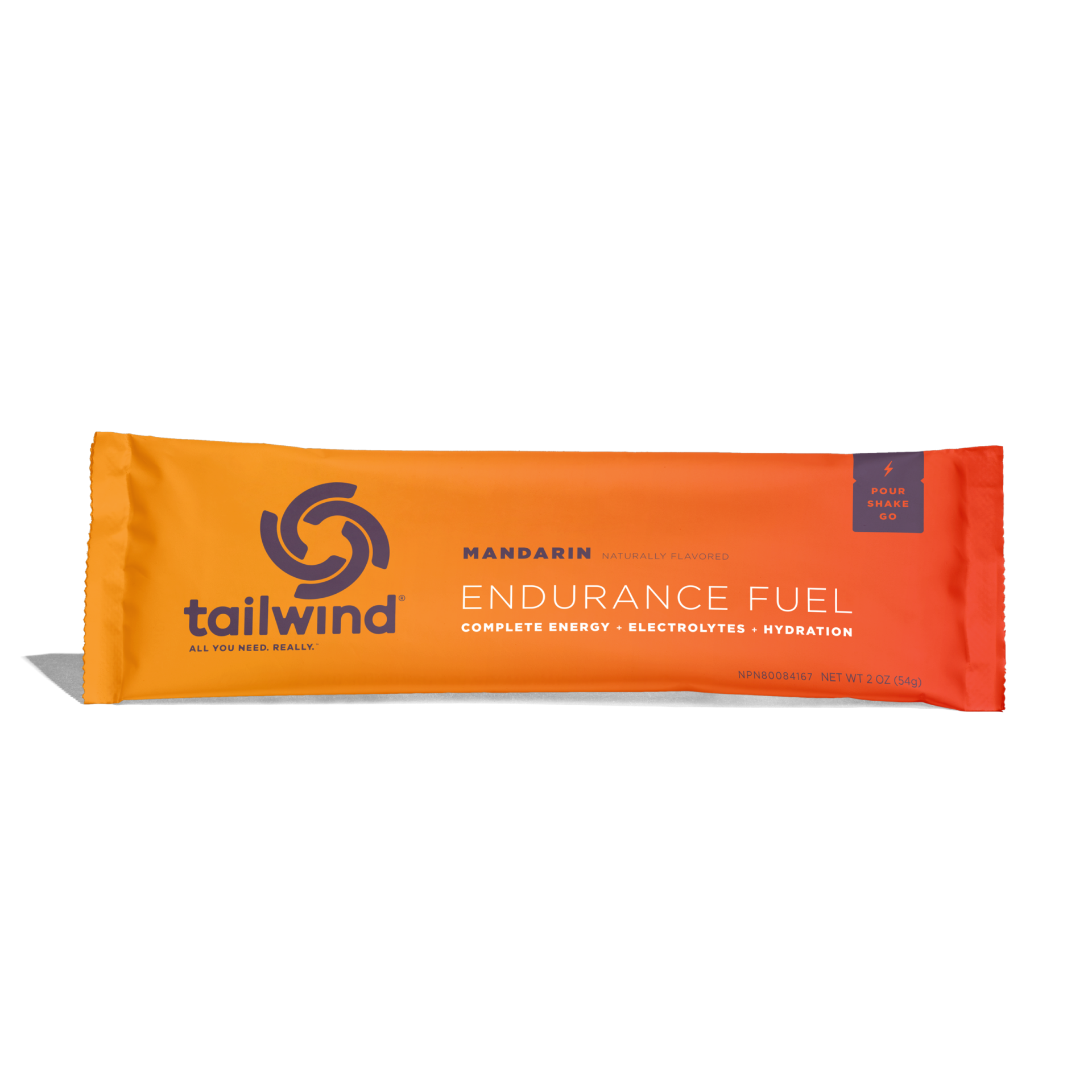 Embalaem laranja e vermelha com texto Tailwind Endurance Fuel Mandarin.