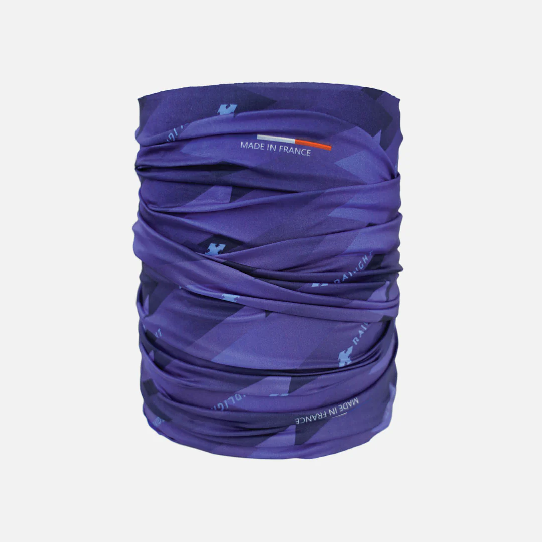 Bandana tubular azul com padrão geométrico e texto 'MADE IN FRANCE'