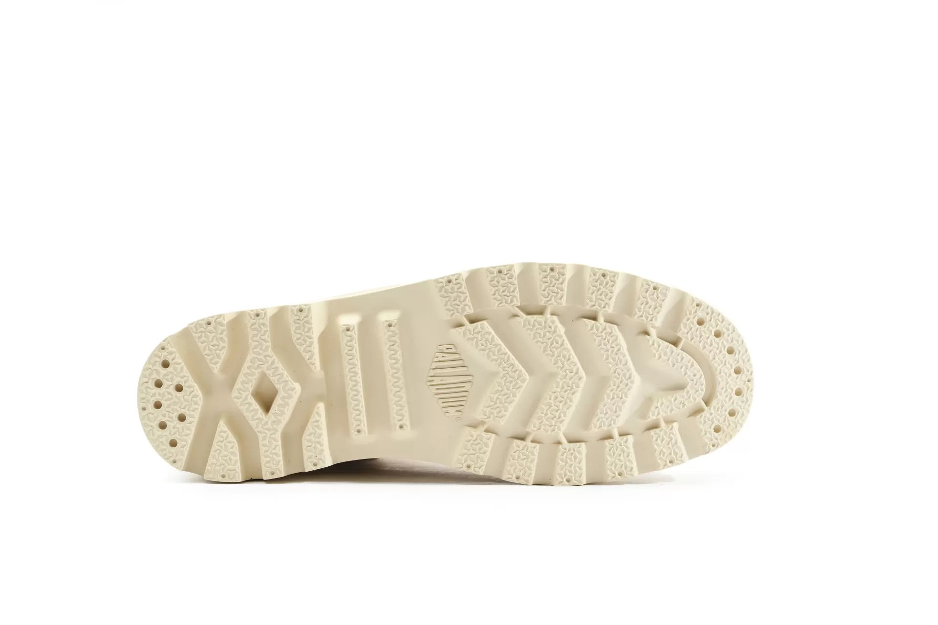 Sola de sapato bege com padrão antiderrapante e logo Palladium