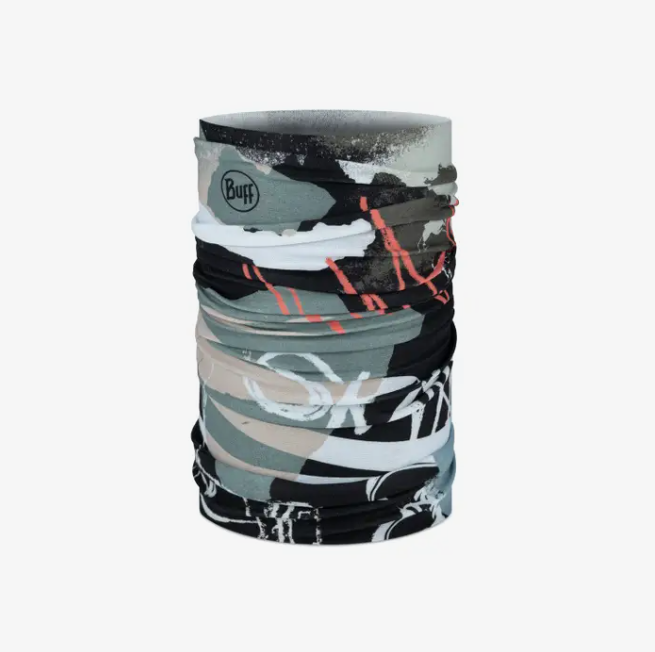 Bandana tubular colorida da marca Buff com padrão abstrato.