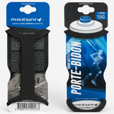 Porta-garrafa para mão preto de silicone com embalagem azul e preta