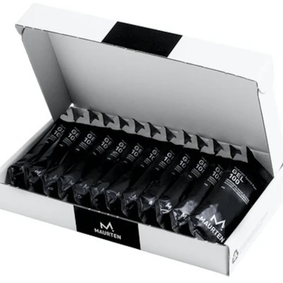 Caixa aberta com 12 embalagens pretas de gel energético MAURTEN GEL 105