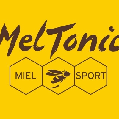 Logótipo MelTonic com palavras MIEL, desenho da abelha e SPORT em hexágonos sobre fundo amarelo
