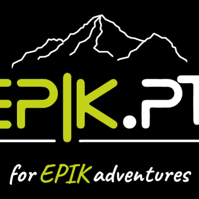 Logótipo EPIK.PT em verde e branco com desenho de montanhas e texto for EPIK adventures
