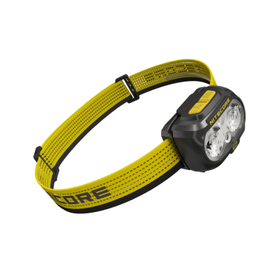 Lanterna de cabeça amarela e cinza com correia elástica e duas lentes frontais